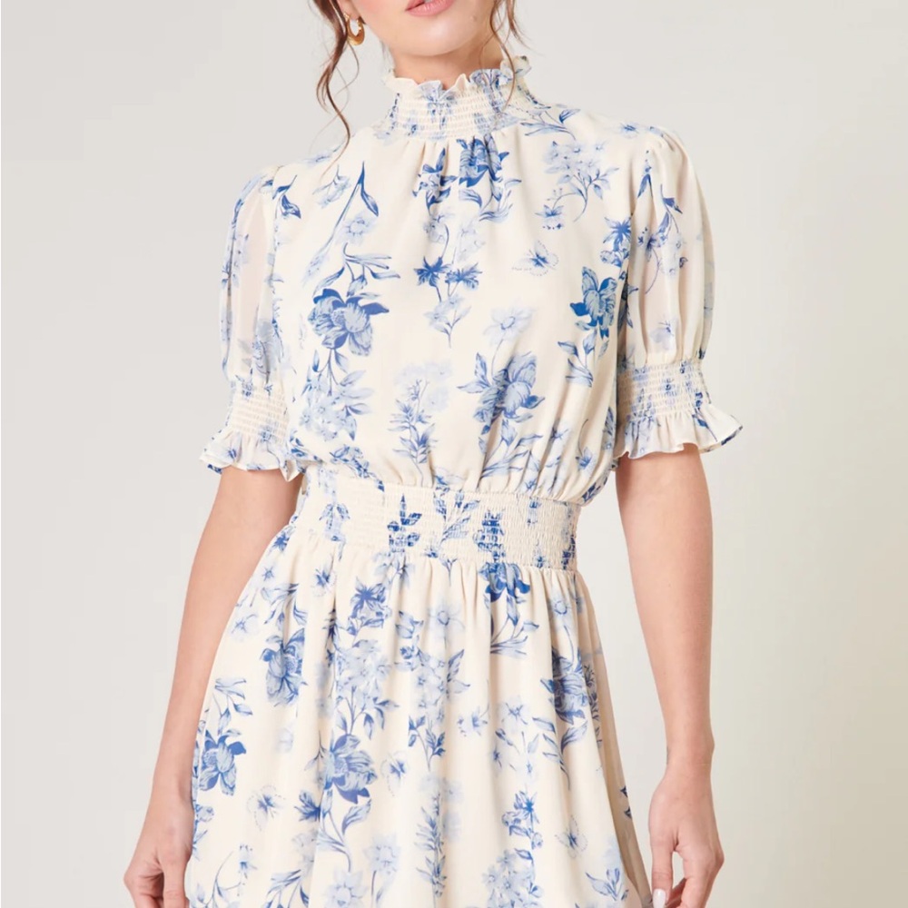 Sugarlips April Blue Floral Mock Neck Mini Dress